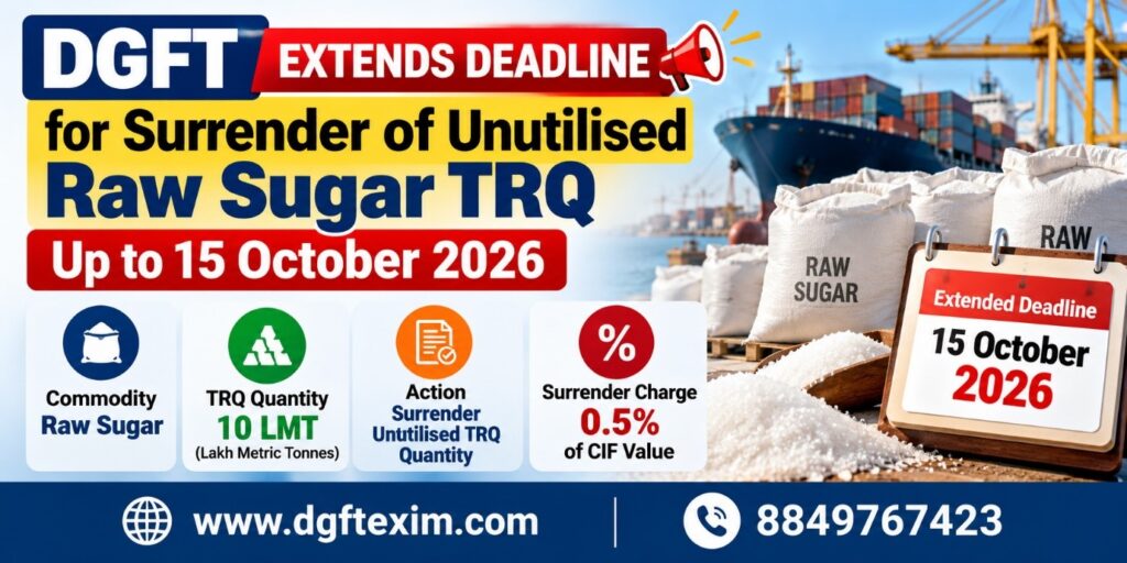 DGFT Extends Deadline for Surrender of Unutilised Raw Sugar TRQ Up to 15 October 2026