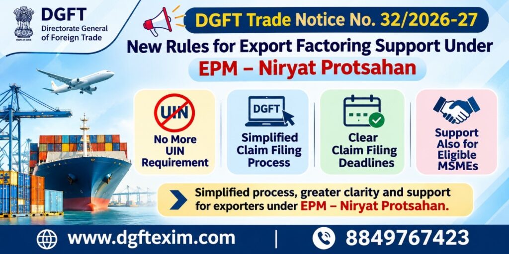 DGFT Trade Notice No. 32/2026-27: New Rules for Export Factoring Support Under EPM – Niryat Protsahan