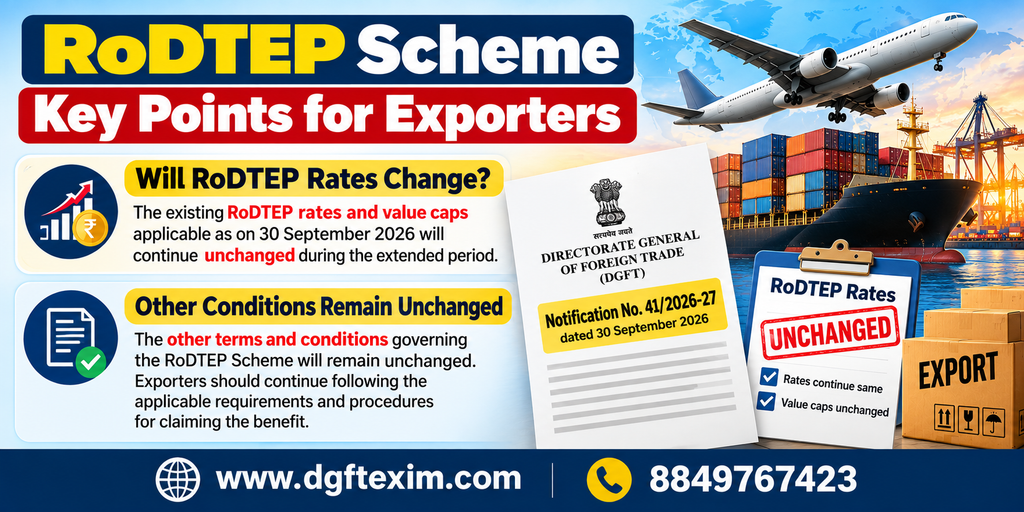 RoDTEP Scheme update showing that existing RoDTEP rates and value caps remain unchanged, along with other scheme terms and conditions, for exporters.