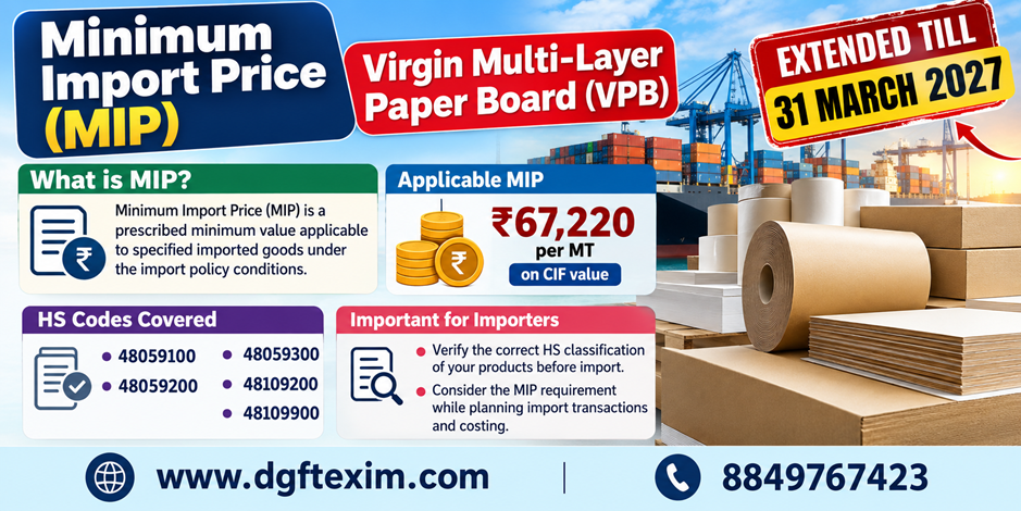 Minimum Import Price (MIP) of ₹67,220 per MT on CIF value for specified Virgin Multi-Layer Paper Board (VPB), covering HS Codes 48059100, 48059200, 48059300, 48109200 and 48109900, extended until 31 March 2027.