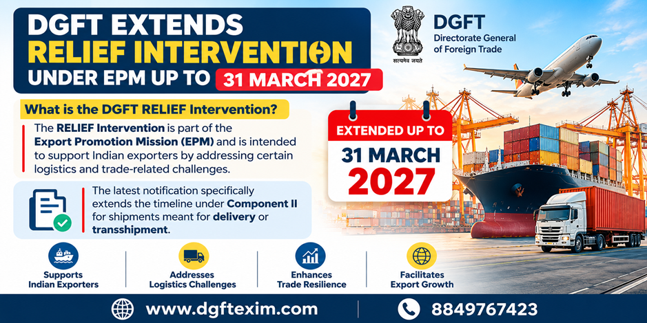 DGFT extends the RELIEF Intervention under the Export Promotion Mission (EPM) up to 31 March 2027. The infographic explains support for Indian exporters, logistics challenges, trade resilience, and Component II shipments for delivery or transshipment.