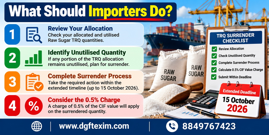DGFT Raw Sugar TRQ update infographic showing four steps for importers: review allocation, identify unutilised quantity, complete the surrender process by 15 October 2026, and consider the 0.5% CIF value charge. The graphic features raw sugar bags, a shipping port