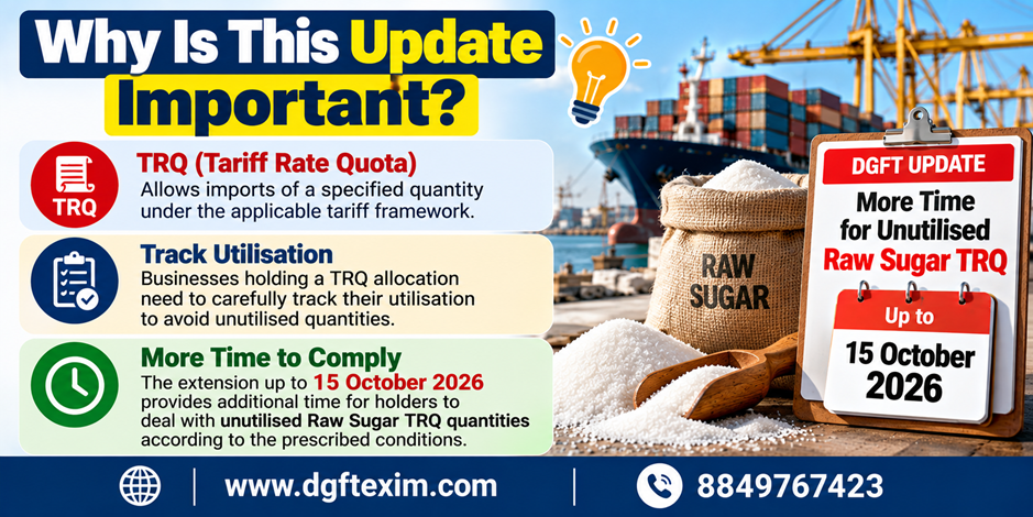 Infographic explaining why the Raw Sugar TRQ update is important. It highlights TRQ (Tariff Rate Quota), the need to track utilisation, and the extended deadline of 15 October 2026 for handling unutilised Raw Sugar TRQ quantities. The graphic includes a cargo ship, raw sugar bags,