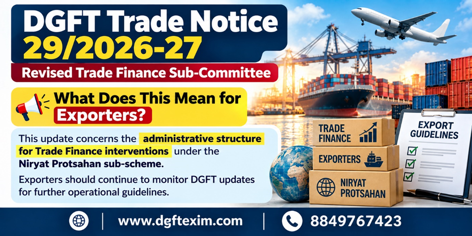 DGFT Trade Notice 29/2026-27 announces the Revised Trade Finance Sub-Committee under the Niryat Protsahan sub-scheme. The update concerns the administrative structure for Trade Finance interventions, and exporters are advised to monitor DGFT updates for further operational guidelines. Website: www.dgftexim.com | Mobile: 8849767423.