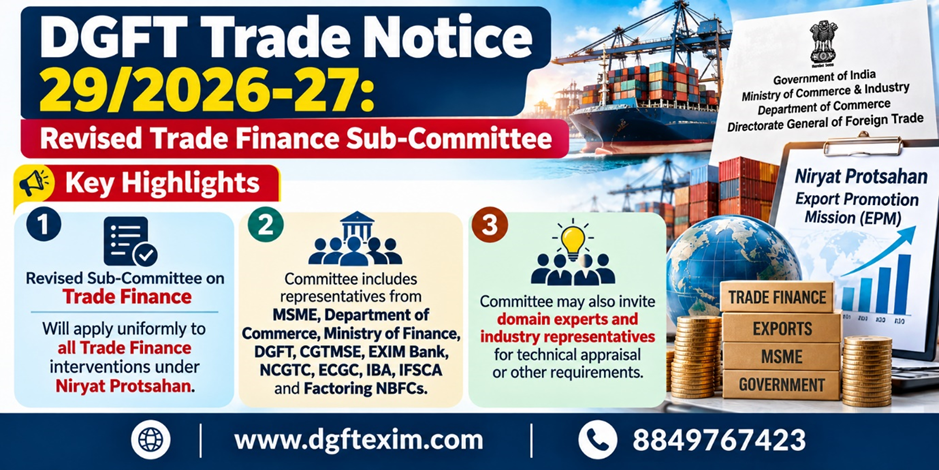 DGFT Trade Notice 29/2026-27 announces the revised Trade Finance Sub-Committee under Niryat Protsahan. The committee applies to all Trade Finance interventions and includes representatives from MSME, Department of Commerce, Ministry of Finance, DGFT, CGTMSE, EXIM Bank, NCGTC, ECGC, IBA, IFSCA and Factoring NBFCs.