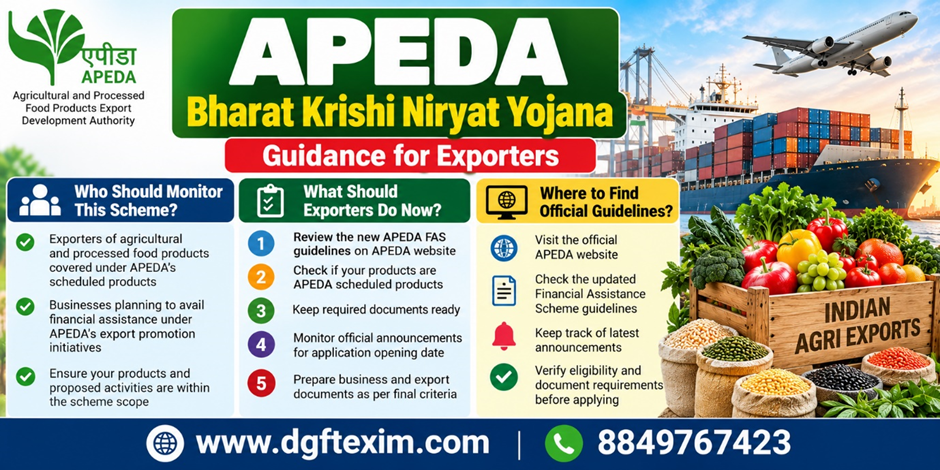 APEDA Bharat Krishi Niryat Yojana – Guidance for Exporters infographic explaining who should monitor the scheme, five steps exporters should take, and where to find the official Financial Assistance Scheme guidelines. Features agricultural and processed food products, a cargo ship, an airplane, and export logistics.