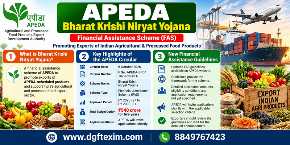 APEDA Bharat Krishi Niryat Yojana infographic highlighting the Financial Assistance Scheme (FAS), circular dated 6 October 2026, ₹540 crore budget for five years, scheme period FY 2026–27 to FY 2030–31, updated guidelines, and upcoming applications for agricultural and processed food exporters. Features agricultural produce, a cargo ship, and an airplane.