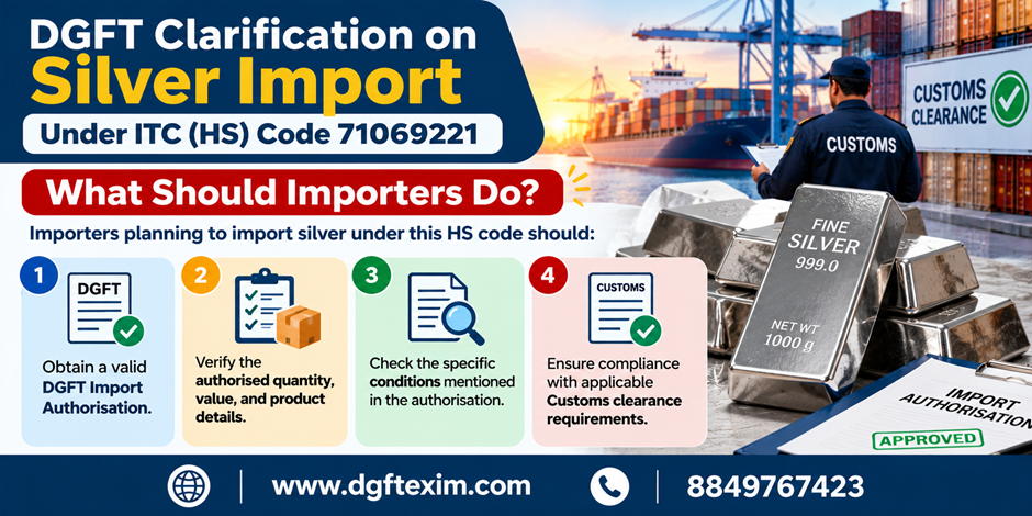 DGFT clarification on silver import under ITC (HS) Code 71069221, illustrating four importer compliance steps: obtain a valid DGFT Import Authorisation, verify authorised quantity and value, check authorisation conditions.