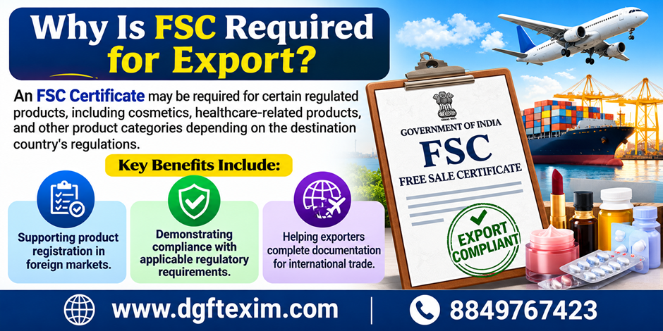 Why Is FSC Required for Export? Infographic explaining the importance of a Free Sale Certificate for product registration in foreign markets, regulatory compliance, and international trade documentation, featuring export logistics and regulated products.
