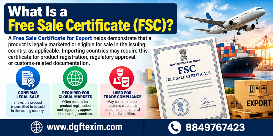 Free Sale Certificate (FSC) for export infographic explaining how an FSC demonstrates that a product is legally marketed in the issuing country and may support foreign product registration, regulatory approval, and customs documentation. Features a certificate, cargo ship, airplane, and export boxes.