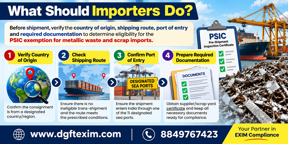 Infographic showing the key steps importers should follow before shipping metallic waste and scrap, including verifying the country of origin, checking the shipping route, confirming entry through designated sea ports, and preparing the required documentation for PSIC exemption eligibility.