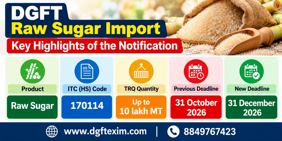 DGFT raw sugar import deadline extended to 31 December 2026 under the TRQ scheme, covering ITC (HS) Code 170114 and up to 10 lakh MT, as per Notification No. 45/2026-27
