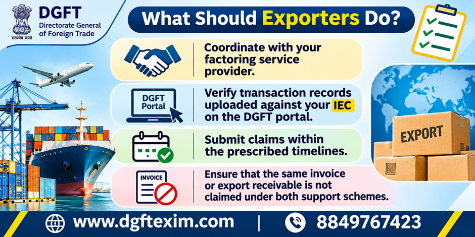 DGFT Trade Notice No. 32/2026-27 infographic explaining what exporters should do under EPM – Niryat Protsahan, including coordinating with factoring service providers, verifying IEC-linked transaction records on the DGFT portal, filing claims within deadlines, and avoiding duplicate claims under both support schemes. Website: www.dgftexim.com | Contact: 8849767423.