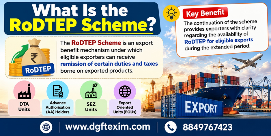 Infographic explaining the RoDTEP Scheme as an export benefit mechanism providing eligible exporters with remission of certain duties and taxes on exported products. Highlights applicability to DTA Units, Advance Authorisation Holders, SEZ Units and Export Oriented Units (EOUs), with continued availability during the extended period.