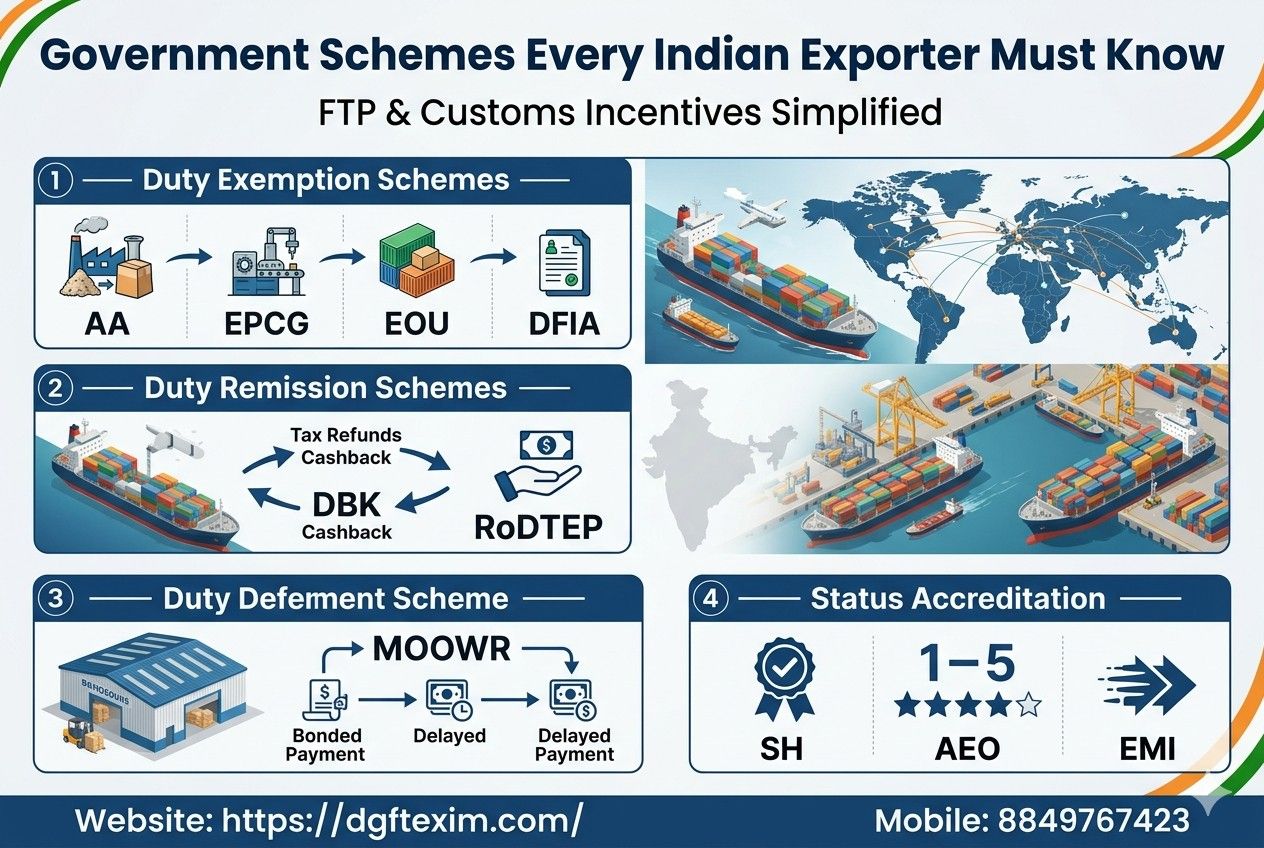 Indian Export Schemes Guide: FTP & Customs Benefits Every Exporter Must Know (AA, EPCG, RoDTEP, MOOWR & More)